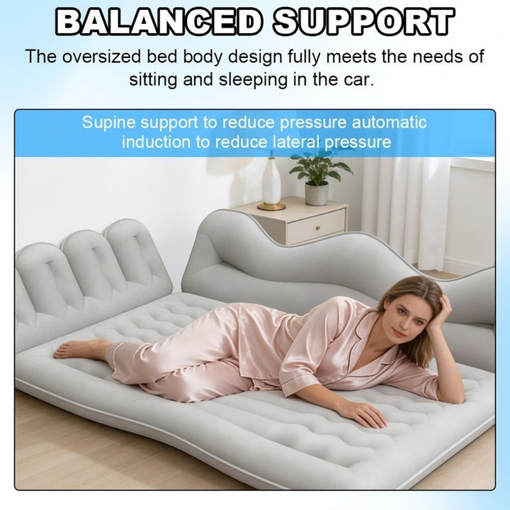 Sea Dragon Dreams grey inflatable car mattress with a soft flocked surface, providing ergonomic support for travel.