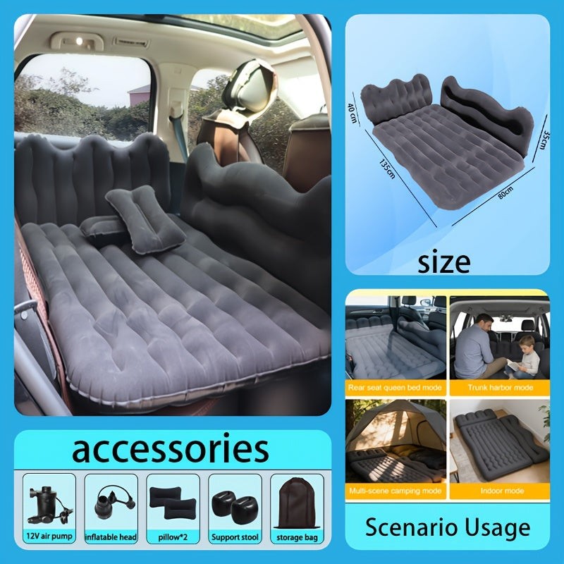 Sea Dragon Dreams inflatable car mattress with flocked surface, pillows, and pump for SUV travel and camping.