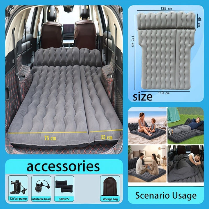 Sea Dragon Dreams inflatable grey car mattress with flocking surface, pillows, and electric pump for travel and camping.
