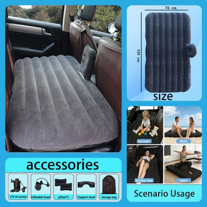 Sea Dragon Dreams inflatable car mattress with flocking surface, pillows, and pump for SUV travel and camping.