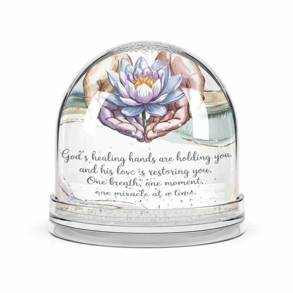 Sea Dragon Dreams inspirational snow globe featuring a lotus flower in hands with the quote God’s Healing Hands Are Holding You