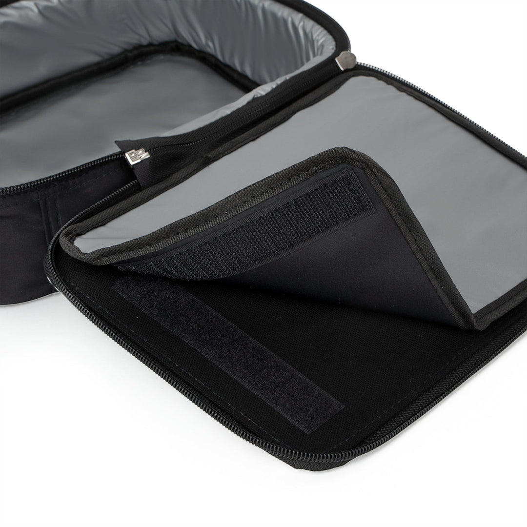Sea Dragon Dreams insulated black polyester lunch bag with grey interior lining and secure zippered closure