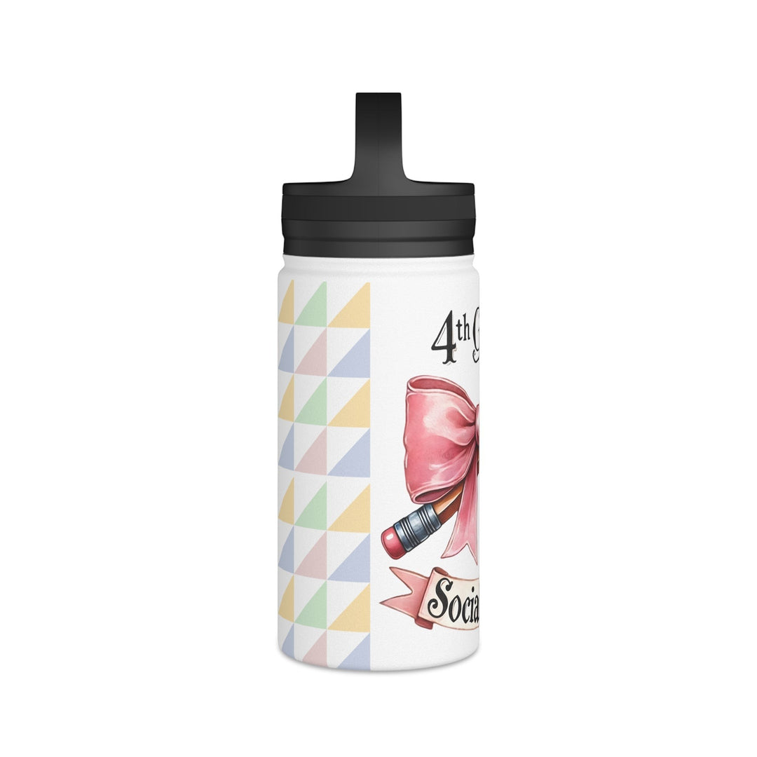 Sea Dragon Dreams insulated water bottle featuring a 4th Grade Social Club design with a pink bow and pencil graphic.