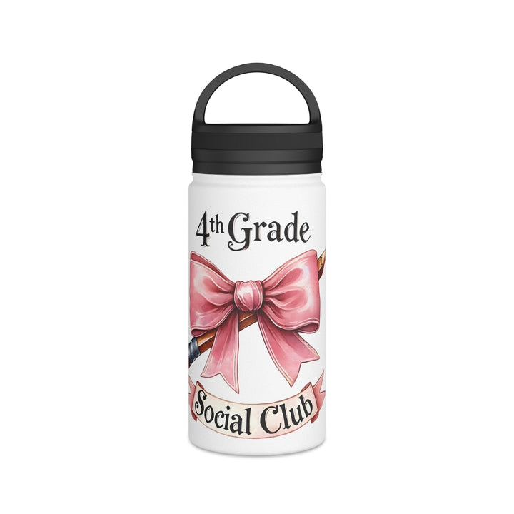 Sea Dragon Dreams insulated water bottle featuring a 4th Grade Social Club design with a pink bow and pencil graphic.
