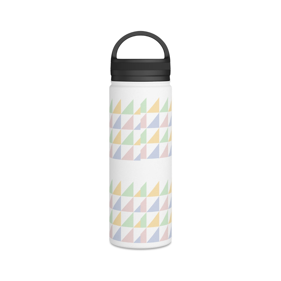 Sea Dragon Dreams insulated water bottle with a white base and a repeating pastel triangle pattern for 4th graders.