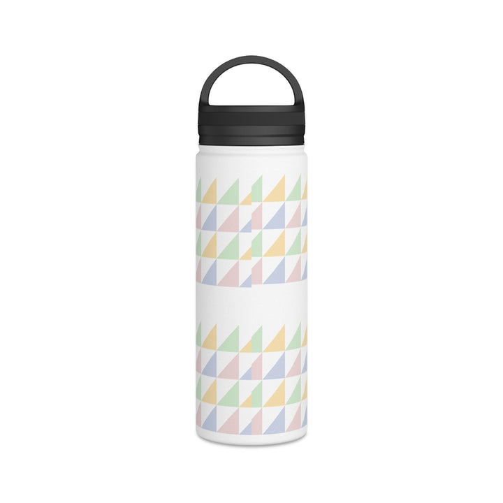 Sea Dragon Dreams insulated water bottle with a white base and a repeating pastel triangle pattern for 4th graders.