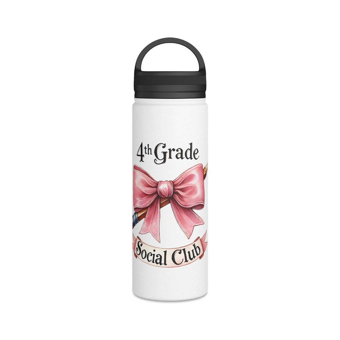 Sea Dragon Dreams white insulated water bottle with a pink bow and 4th Grade Social Club text, featuring a black lid.