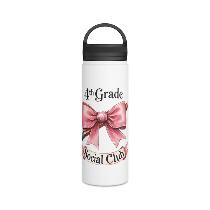 Sea Dragon Dreams white insulated water bottle with a pink bow and 4th Grade Social Club text, featuring a black lid.