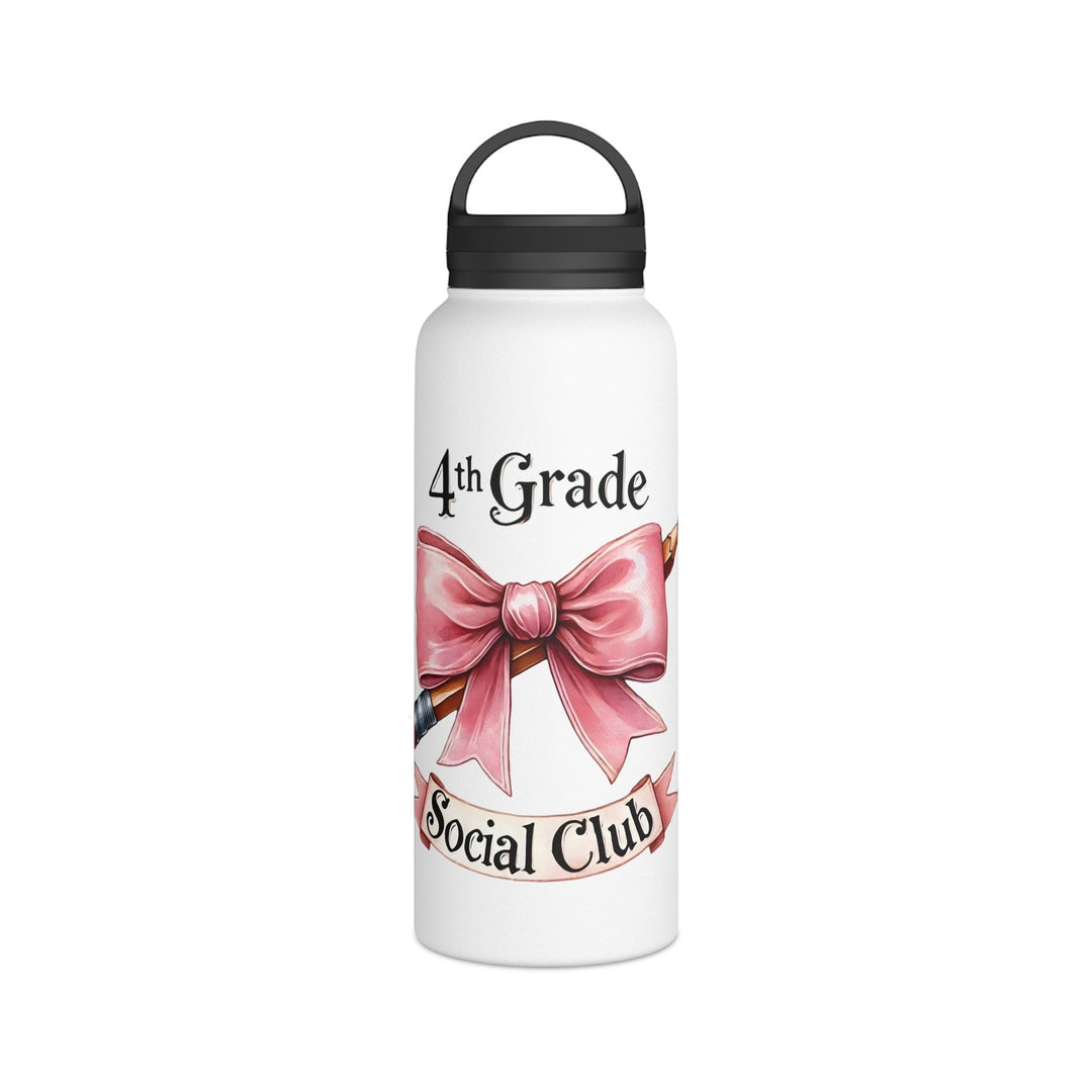 Sea Dragon Dreams 4th Grade Social Club white insulated water bottle with a pink bow graphic and black carry handle.
