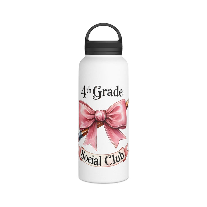 Sea Dragon Dreams 4th Grade Social Club white insulated water bottle with a pink bow graphic and black carry handle.