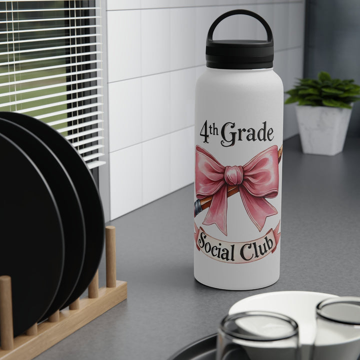 Sea Dragon Dreams insulated water bottle featuring a 4th Grade Social Club design with a pink bow and pencil graphic.
