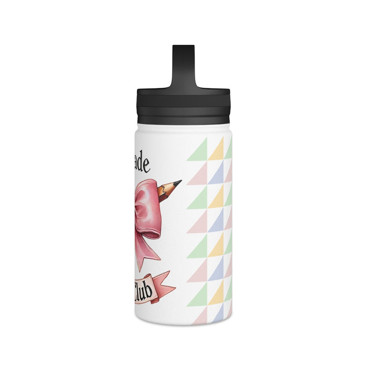 Sea Dragon Dreams insulated water bottle with 4th Grade Social Club design, pink bow, pencil, and pastel triangles.