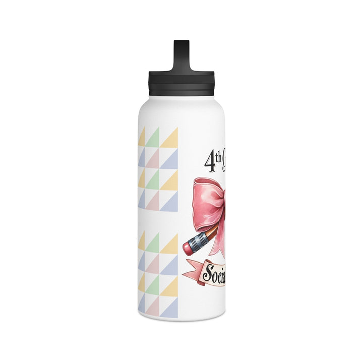 Sea Dragon Dreams insulated water bottle with 4th Grade Social Club design featuring a pink bow and pencil graphic.