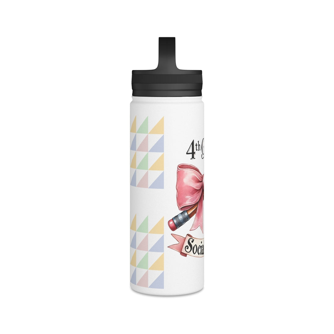 Sea Dragon Dreams insulated water bottle with 4th Grade Social Club design, pink bow, and pencil graphic.