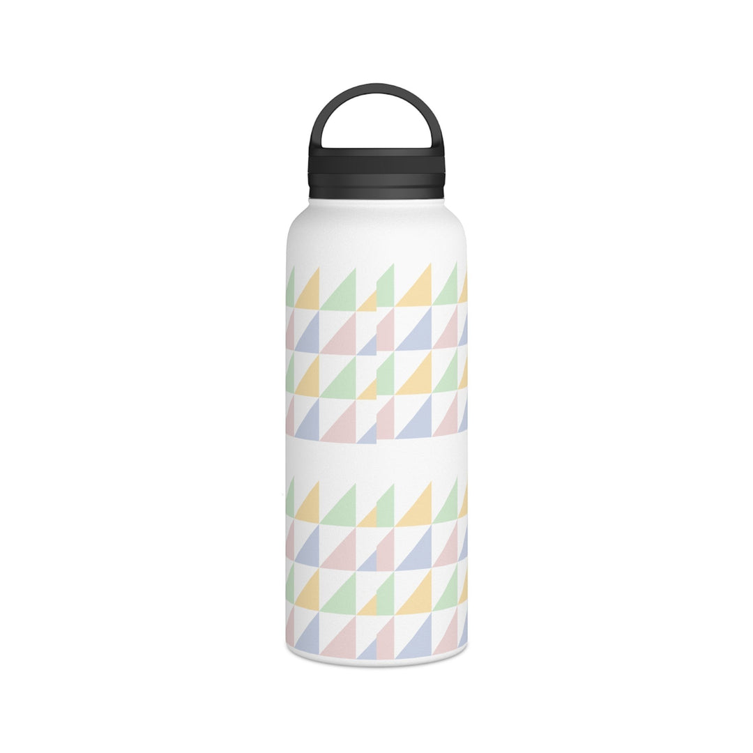Sea Dragon Dreams insulated water bottle with a matte white finish and a colorful geometric triangle pattern.