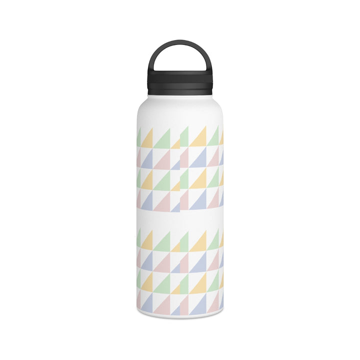 Sea Dragon Dreams insulated water bottle with a matte white finish and a colorful geometric triangle pattern.