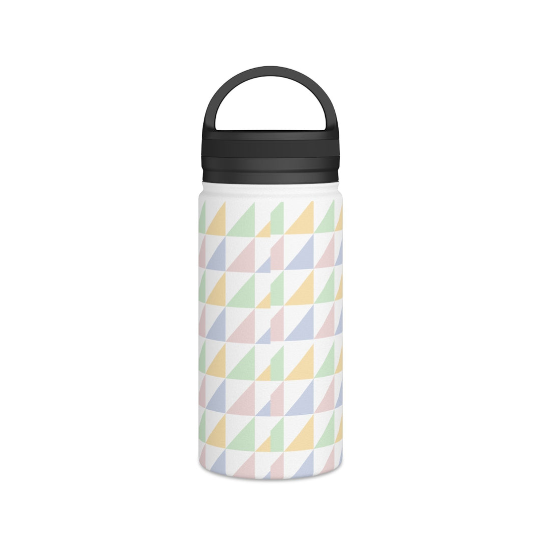 Sea Dragon Dreams insulated water bottle with a matte finish and a colorful pastel geometric triangle pattern.
