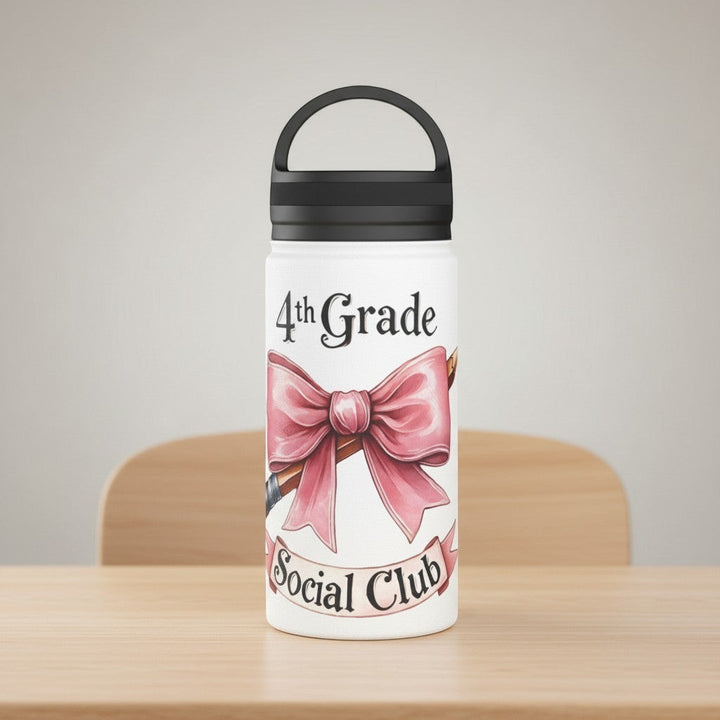 Sea Dragon Dreams 4th Grade Social Club insulated water bottle with a pink bow design on a white matte finish.