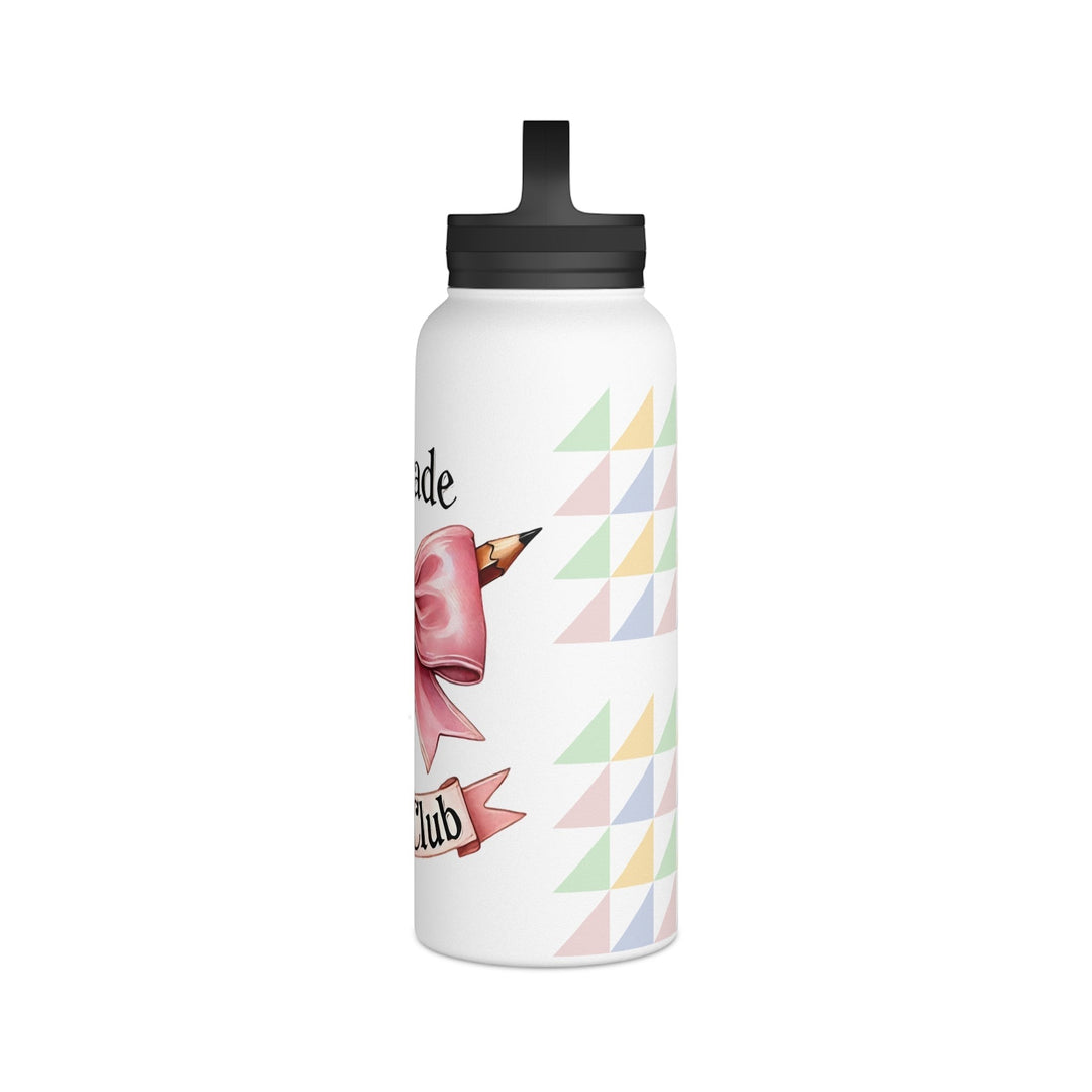 Sea Dragon Dreams 4th Grade Social Club insulated water bottle with a pink bow, pencil, and pastel triangle pattern.