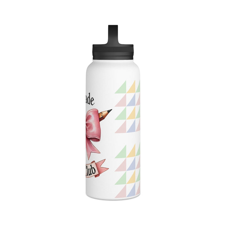 Sea Dragon Dreams 4th Grade Social Club insulated water bottle with a pink bow, pencil, and pastel triangle pattern.