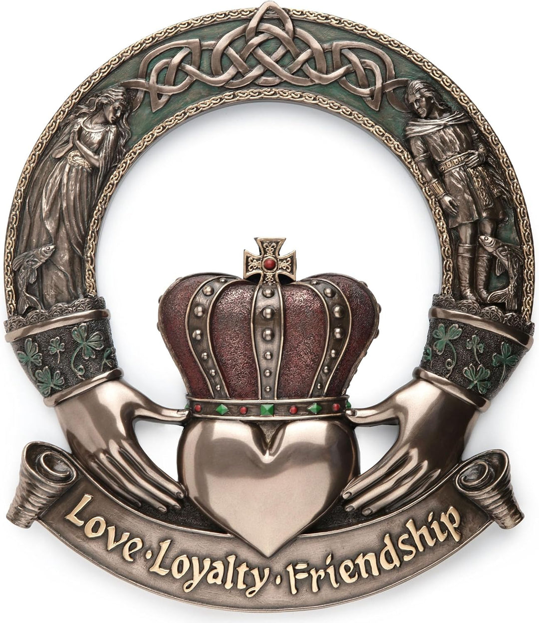 Sea Dragon Dreams Irish Claddagh ring wall plaque in cold cast bronze with love, loyalty, and friendship inscription.