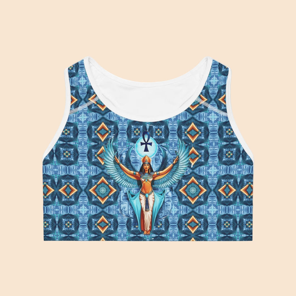 Sea Dragon Dreams sports bra featuring a vibrant blue Egyptian Goddess Isis print with an ankh symbol and wings.