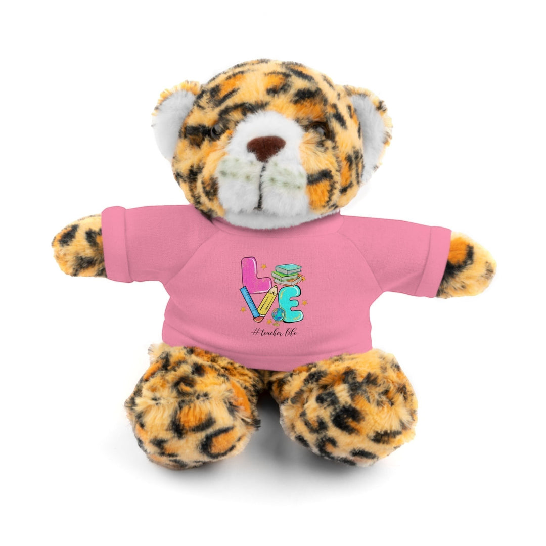 Sea Dragon Dreams plush jaguar stuffed animal wearing a pink cotton t-shirt with a Love Teacher Life graphic print