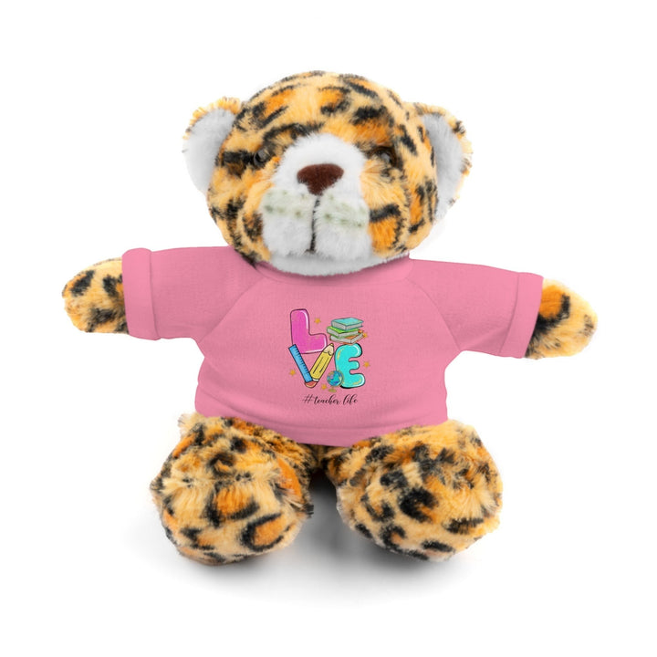 Sea Dragon Dreams plush jaguar stuffed animal wearing a pink cotton t-shirt with a Love Teacher Life graphic print