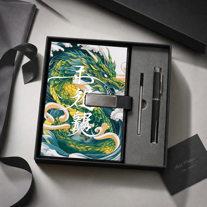 Sea Dragon Dreams Japanese dragon notebook gift set with a matching black metal pen in a presentation box