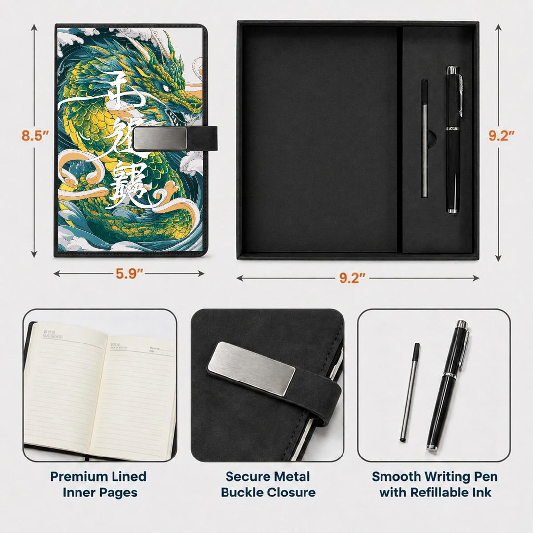 Sea Dragon Dreams notebook gift set featuring a Japanese dragon illustration, metal pen, and secure buckle closure.