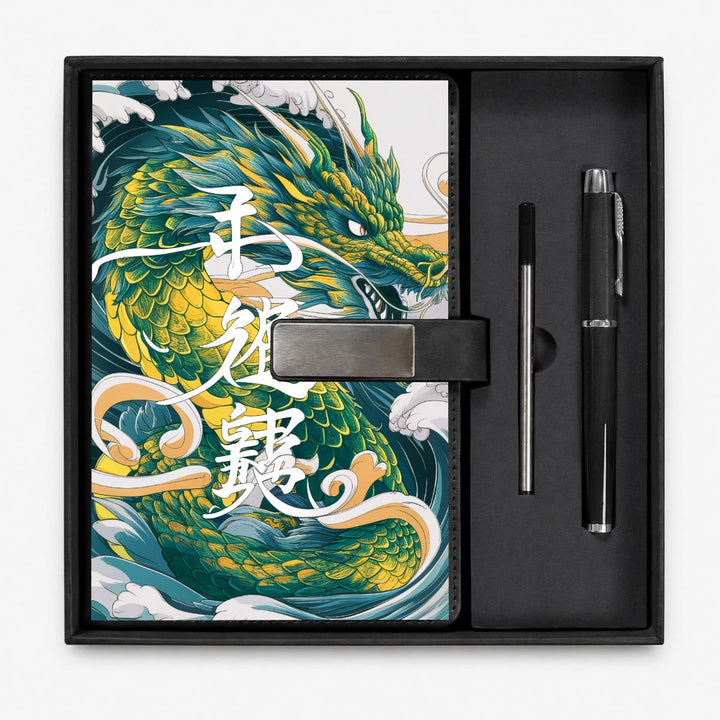 Sea Dragon Dreams Japanese dragon notebook gift set featuring a vibrant dragon illustration and a matching metal pen.