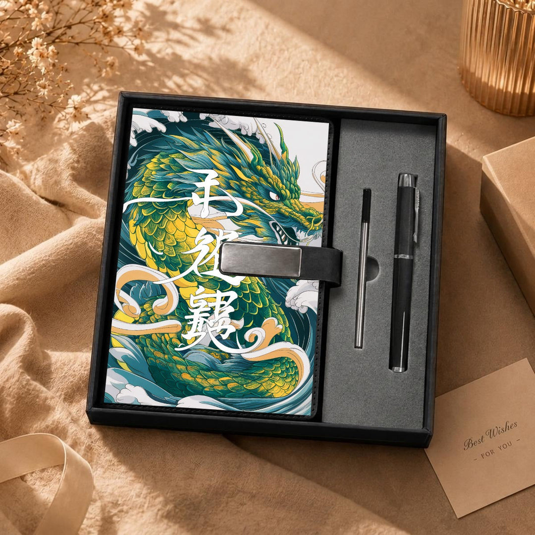 Sea Dragon Dreams Japanese dragon notebook gift set featuring a green dragon illustration and a matching metal pen.