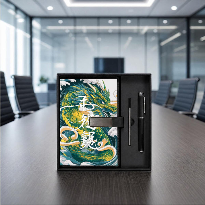 Sea Dragon Dreams Japanese dragon notebook and metal pen gift set displayed in a black presentation box on a desk.