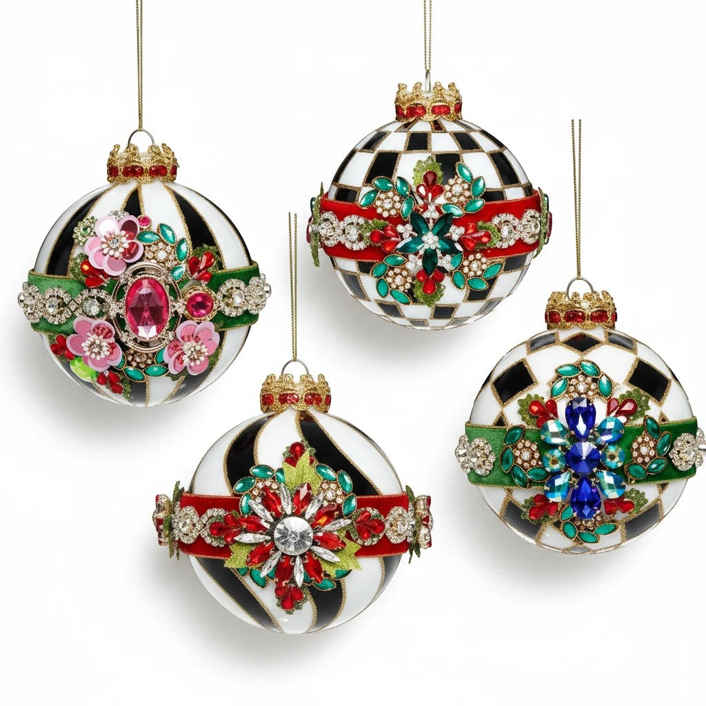 Sea Dragon Dreams Mark Roberts limited edition jeweled Christmas ornaments with black and white patterns and crystals.