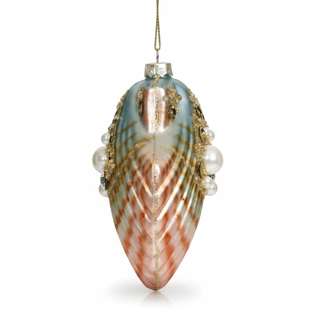 Sea Dragon Dreams Mark Roberts jeweled clam shell ornament with iridescent finish, pearls, and gold accents.