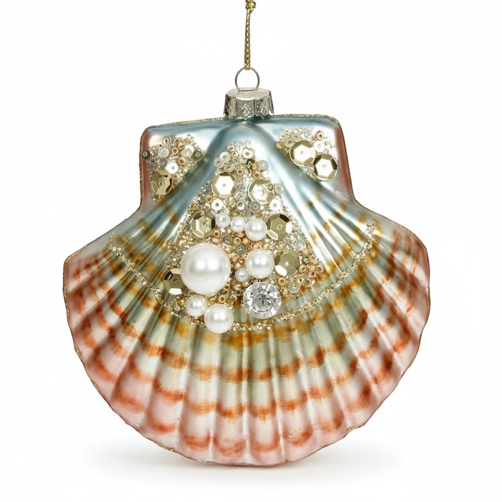 Sea Dragon Dreams Mark Roberts jeweled clam shell ornament with iridescent finish, pearls, and gold sequins.