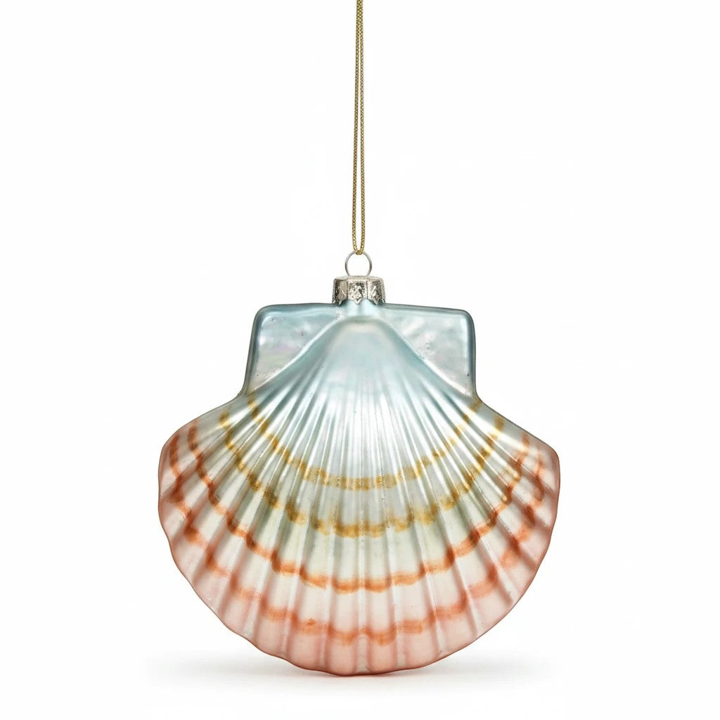 Sea Dragon Dreams Mark Roberts jeweled clam shell ornament with iridescent pastel finish and hanging gold cord