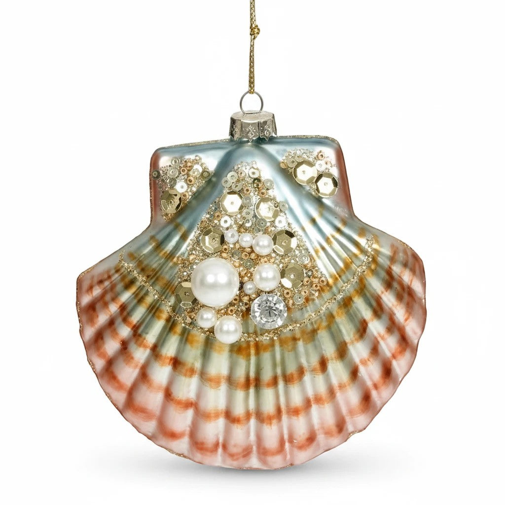 Sea Dragon Dreams Mark Roberts jeweled clam shell ornament with iridescent finish, pearls, and gold sequins