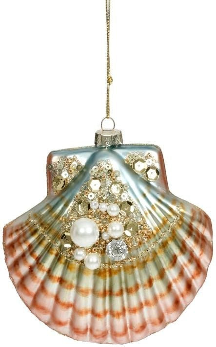 Sea Dragon Dreams Mark Roberts jeweled clam shell ornament with iridescent finish, pearls, and gold sequins.