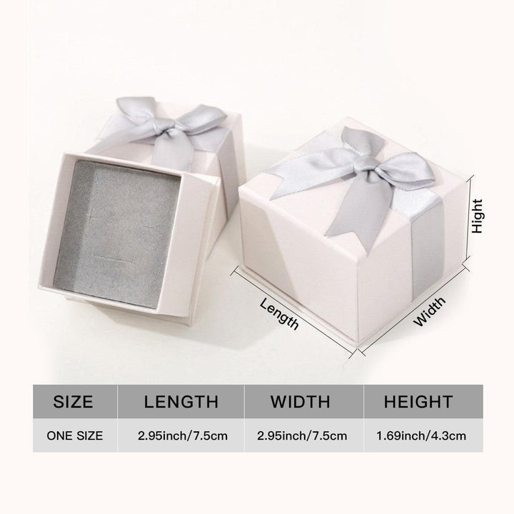 Sea Dragon Dreams square white jewelry gift box with a silver ribbon bow, shown open and closed with dimensions.