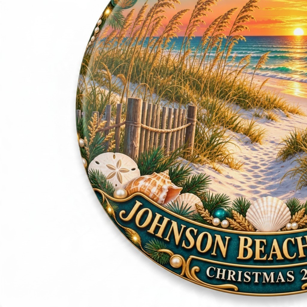 Sea Dragon Dreams ceramic Christmas ornament featuring a Johnson Beach sunset, seashells, and holiday greenery.