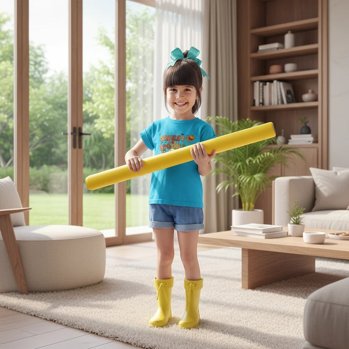Sea Dragon Dreams kids blue cotton t-shirt with Sweet and Spooky graphic worn by a girl holding a yellow pool noodle