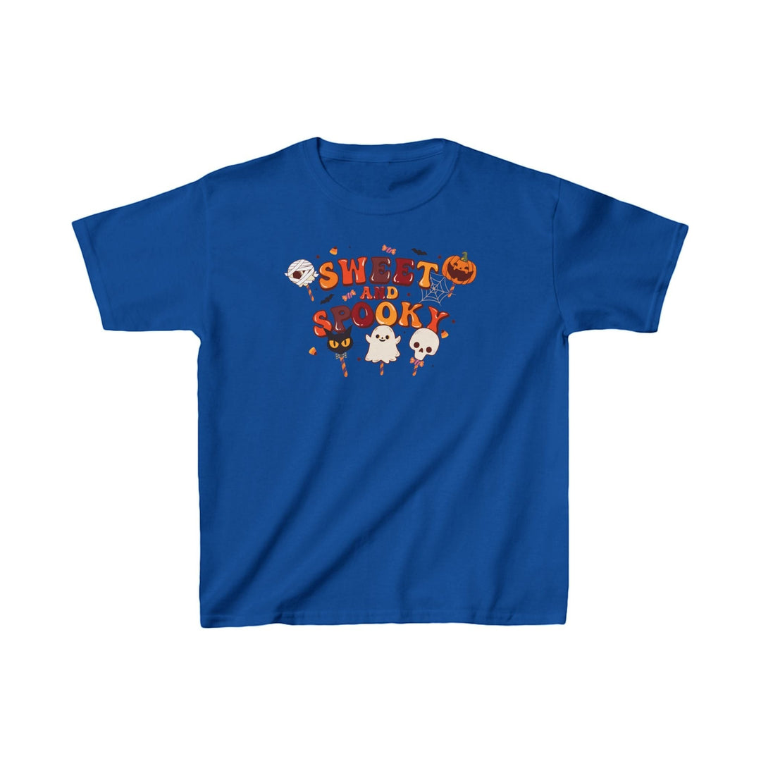 Sea Dragon Dreams kids blue cotton t-shirt featuring a Sweet and Spooky Halloween graphic with ghosts and pumpkins.