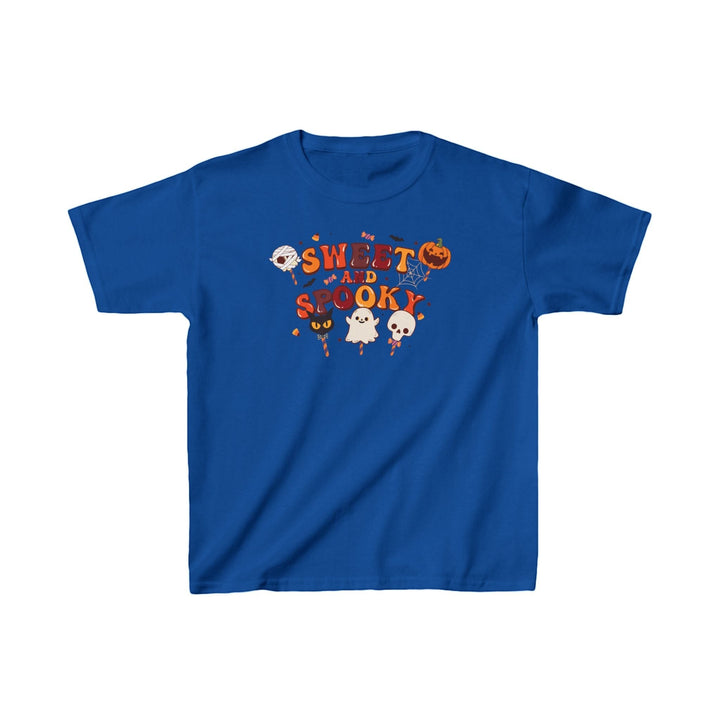 Sea Dragon Dreams kids blue cotton t-shirt featuring a Sweet and Spooky Halloween graphic with ghosts and pumpkins.