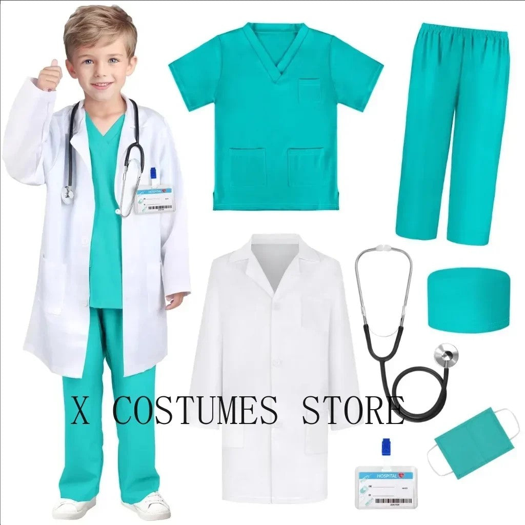 Sea Dragon Dreams kids doctor and nurse costume set with teal scrubs, white lab coat, stethoscope, and accessories.