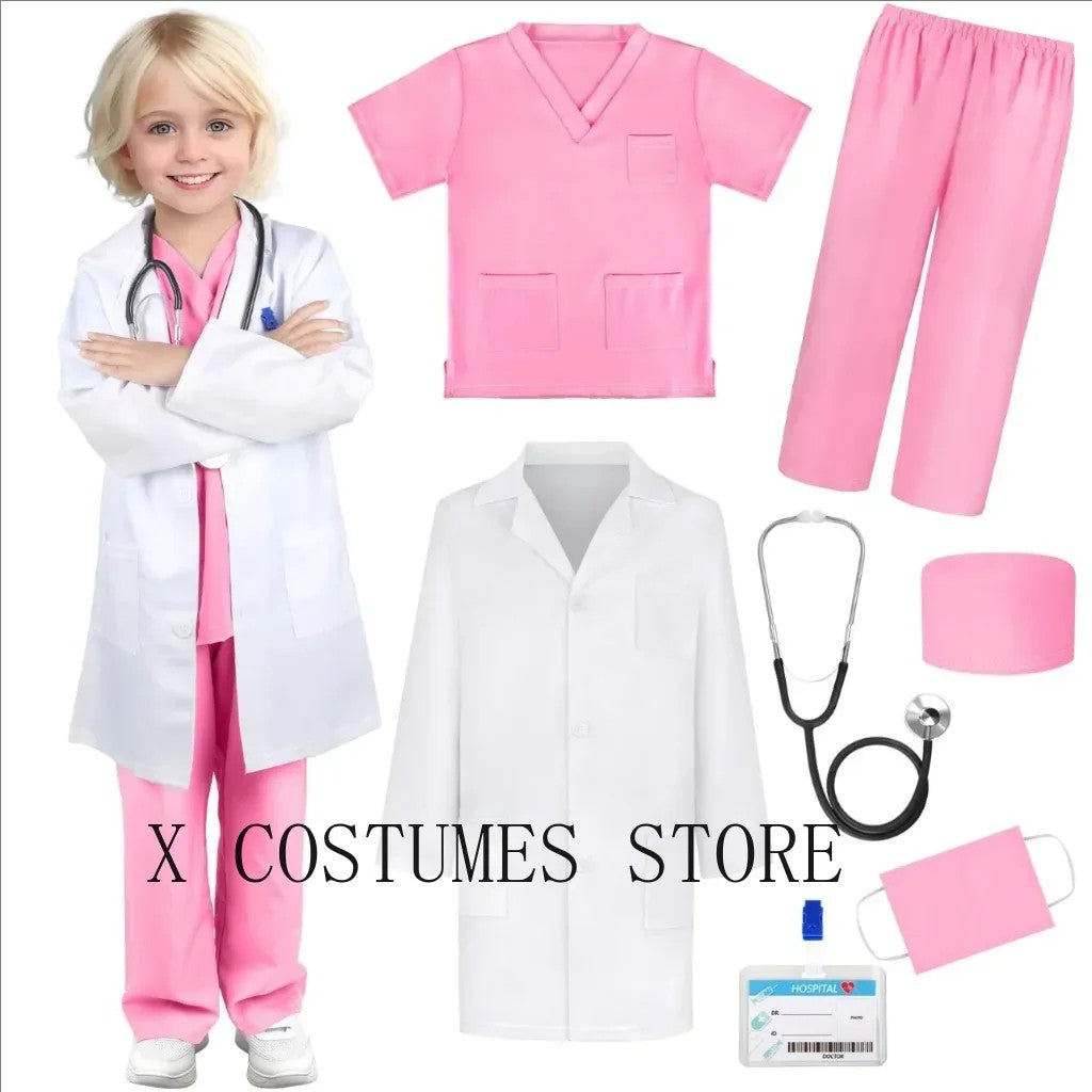Sea Dragon Dreams kids doctor and nurse costume set with pink scrubs, white lab coat, stethoscope, and medical accessories.