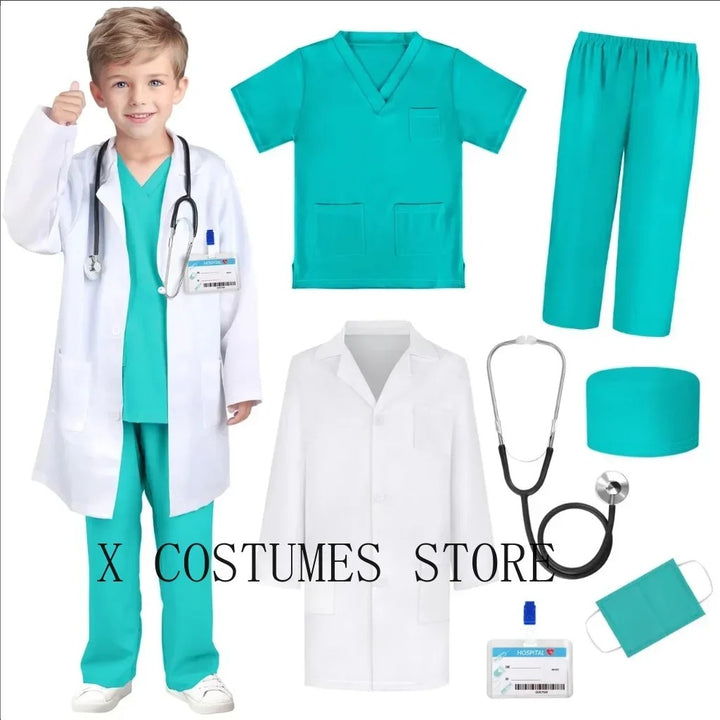 Sea Dragon Dreams kids doctor and nurse costume set with teal scrubs, white lab coat, stethoscope, and accessories.