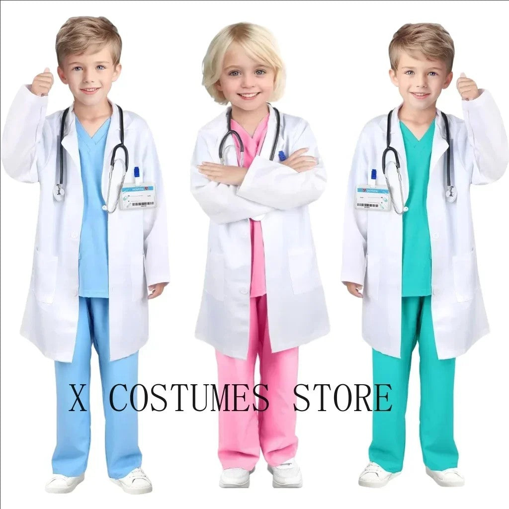 Sea Dragon Dreams kids doctor and nurse costumes in blue, pink, and teal with white lab coats and toy stethoscopes.