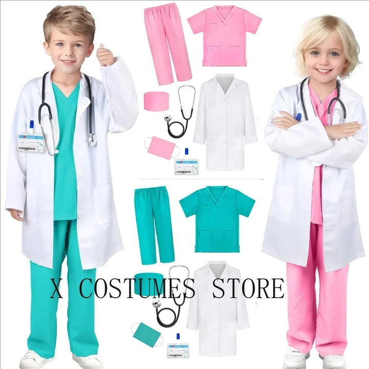 Sea Dragon Dreams kids doctor and nurse costume set with surgical scrubs, white lab coat, and medical accessories.