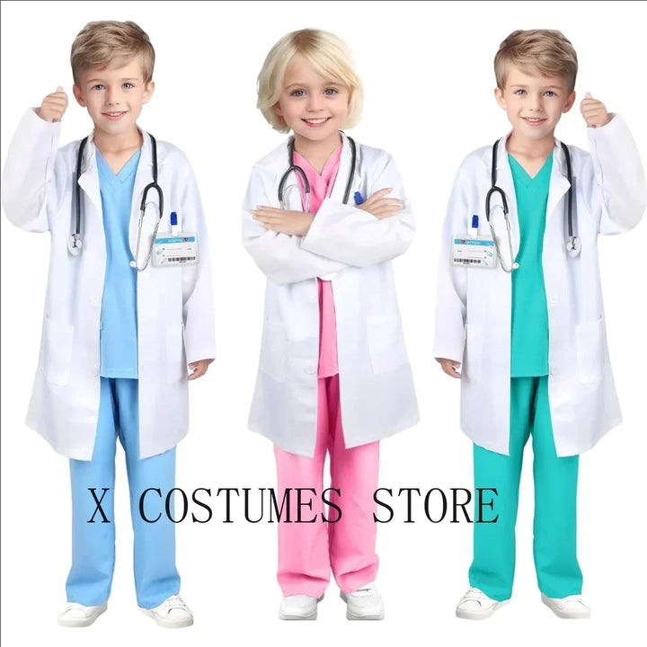 Sea Dragon Dreams kids doctor and nurse costumes in blue, pink, and teal with white lab coats and toy stethoscopes.
